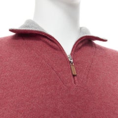 BRUNELLO CUCINELLI Pullover mit 100 % grauem Kaschmirkragen und halber Reißverschluss EU52 XL