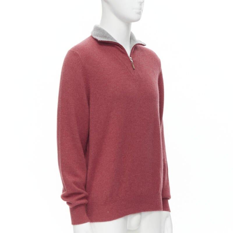 Marrone Brunello Cucinelli 100% cashmere, maglione con collo grigio e mezza zip EU52 XL in vendita