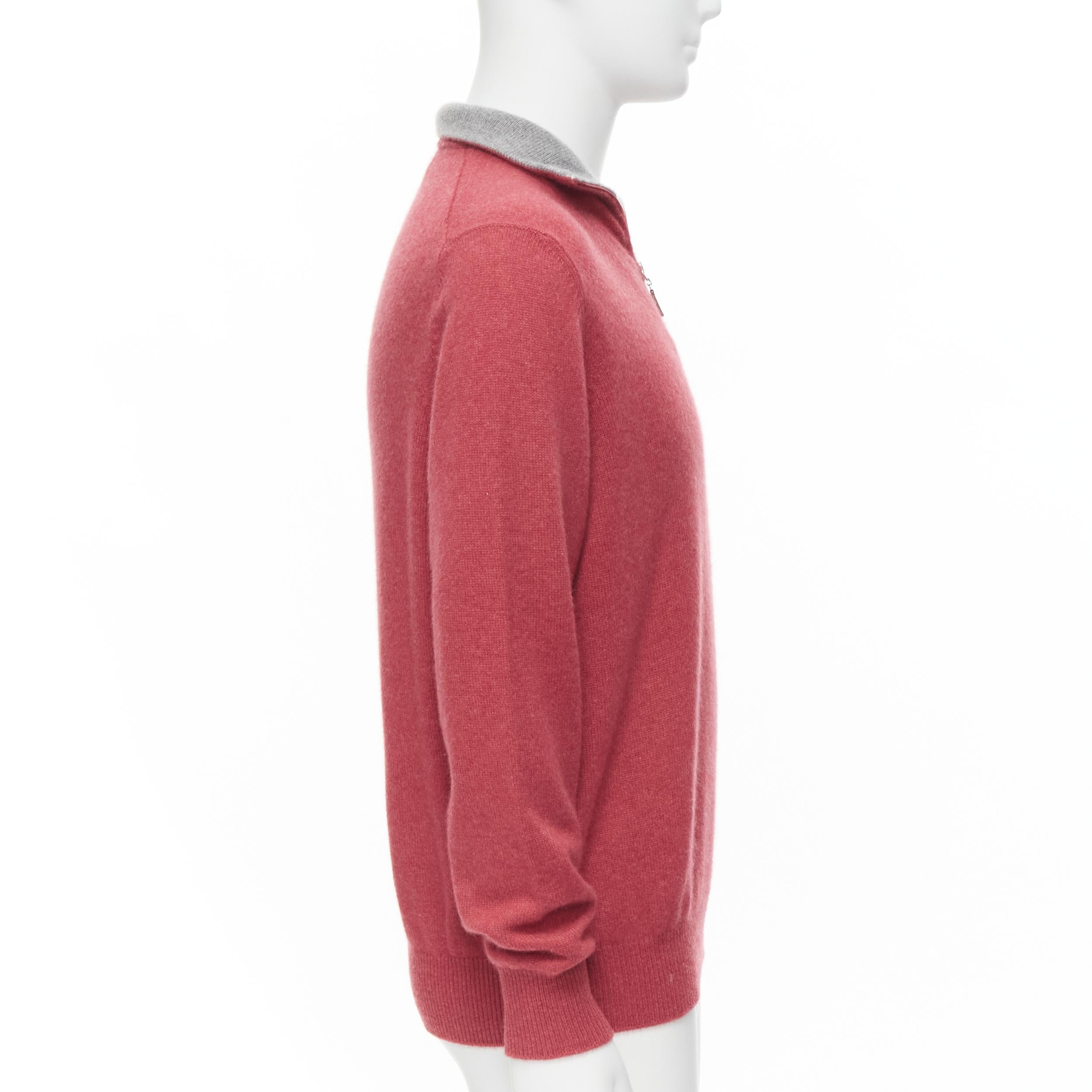 Pink BRUNELLO CUCINELLI 100% cashmere grey collar half zip pullover sweater EU52 XL For Sale