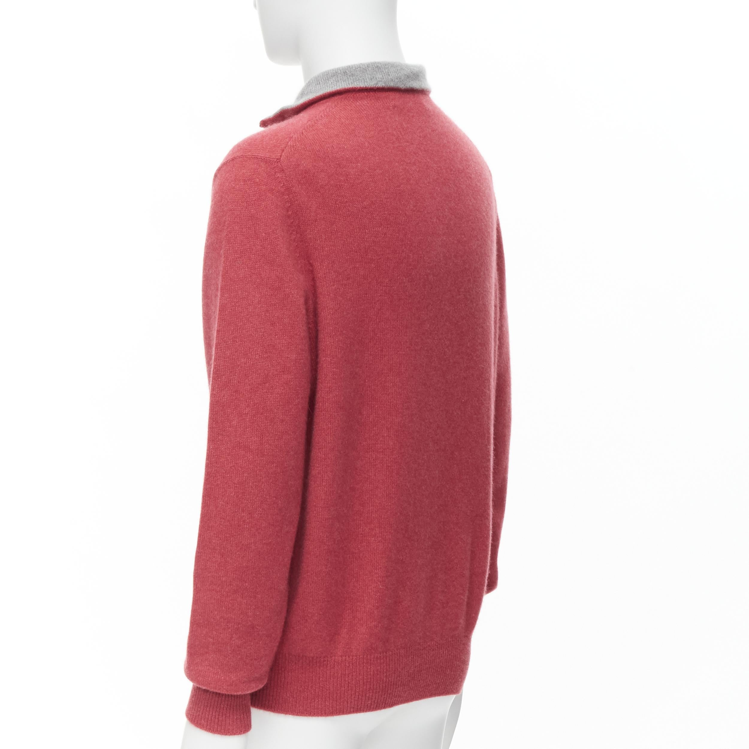 Men's BRUNELLO CUCINELLI 100% cashmere grey collar half zip pullover sweater EU52 XL For Sale