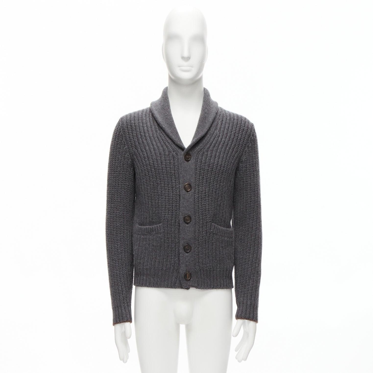 BRUNELLO CUCINELLI 100% cashmere grey shawl collar ribbed cardigan swater EU38 S 7