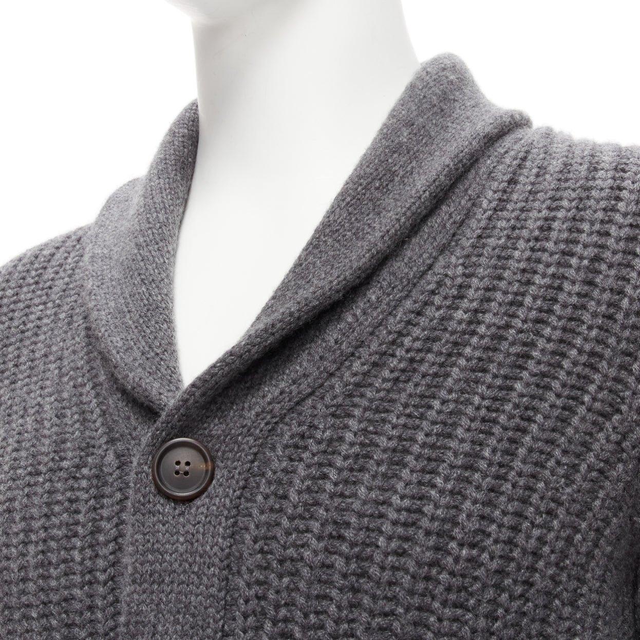 BRUNELLO CUCINELLI 100% cashmere grey shawl collar ribbed cardigan swater EU38 S
Reference: TGAS/D00383
Brand: Brunello Cucinelli
Material: Cashmere
Color: Grey
Pattern: Solid
Closure: Button
Extra Details: 100 cashmere.
Made in: