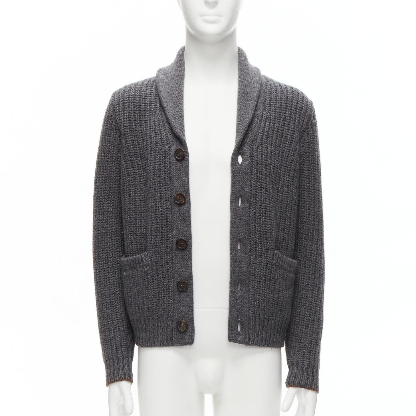 BRUNELLO CUCINELLI 100% cashmere grey shawl collar ribbed cardigan swater EU38 S In Excellent Condition In Hong Kong, NT