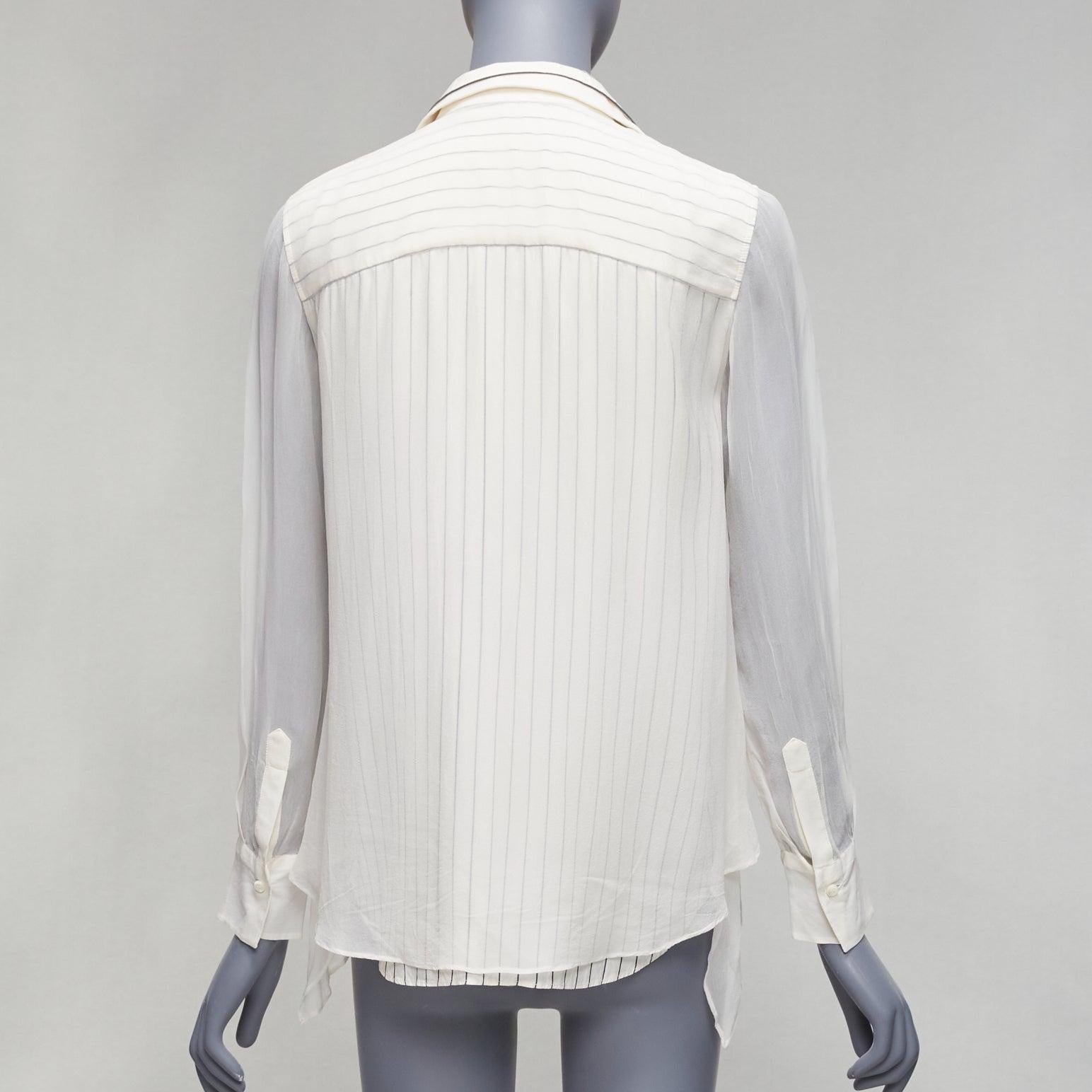 Women's BRUNELLO CUCINELLI 100% silk cream grey layered panels sheer shirt XS For Sale