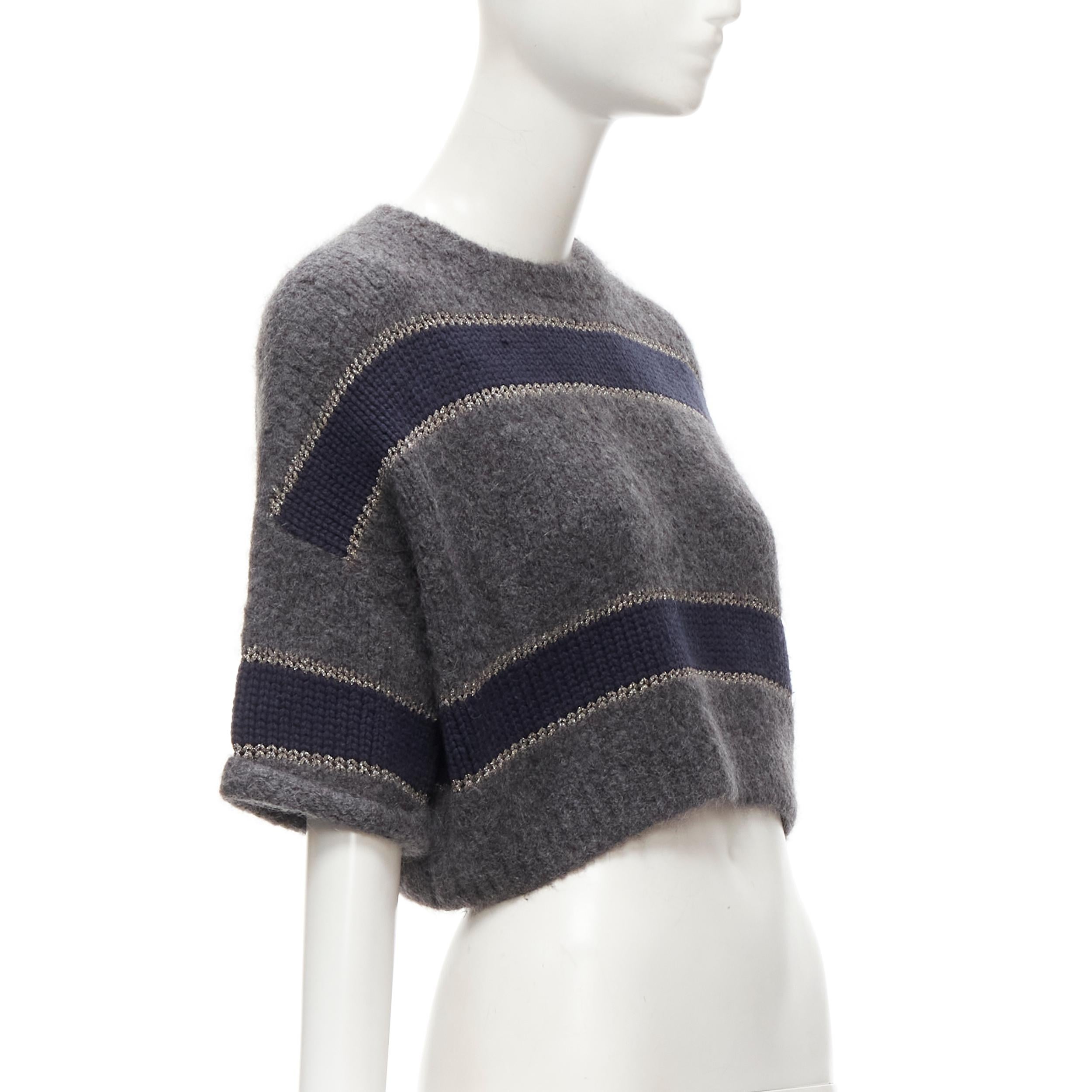 BRUNELLO CUCINELLI alpaca virgin wool navy metallic stripe cropped sweater XS In Excellent Condition In Hong Kong, NT