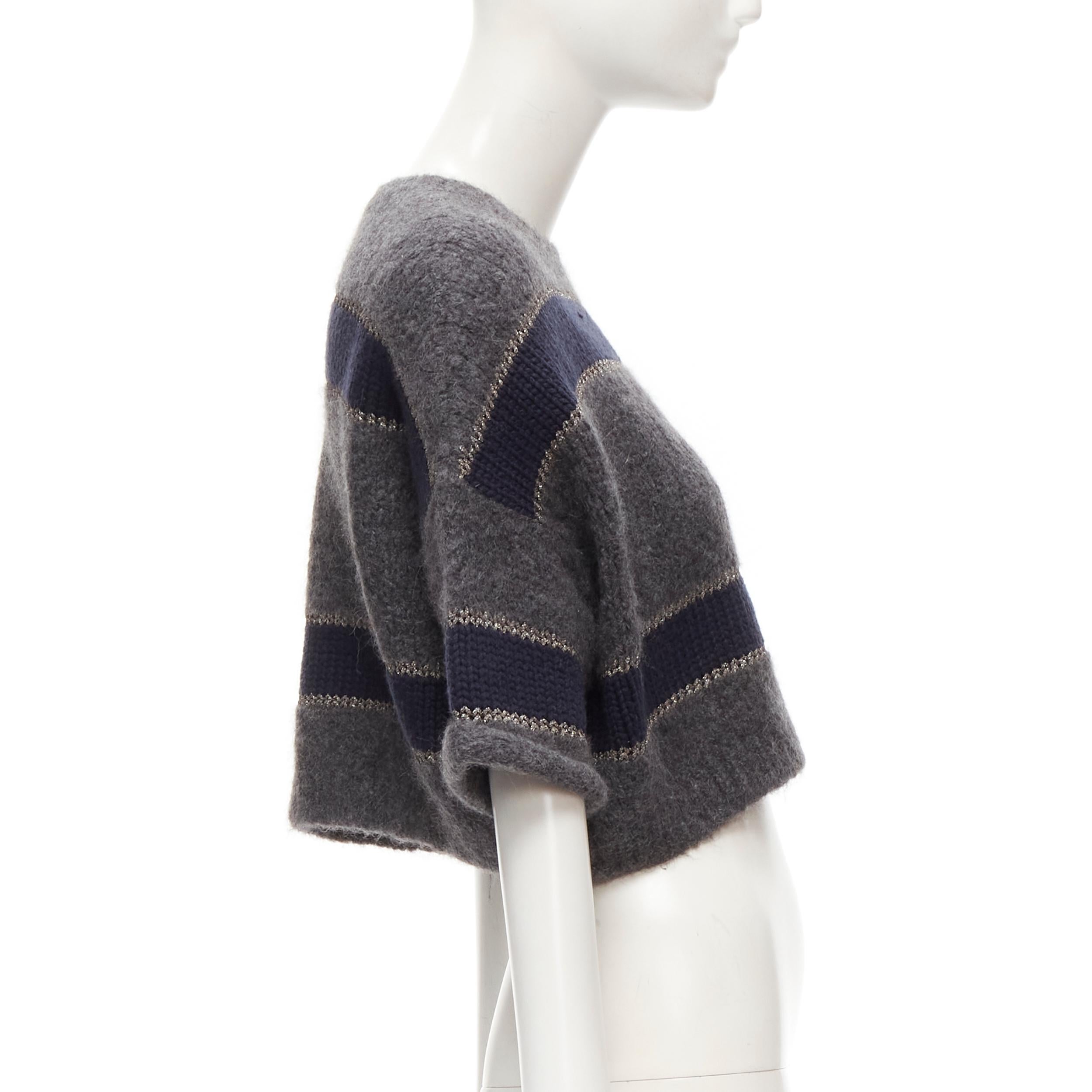 Women's BRUNELLO CUCINELLI alpaca virgin wool navy metallic stripe cropped sweater XS