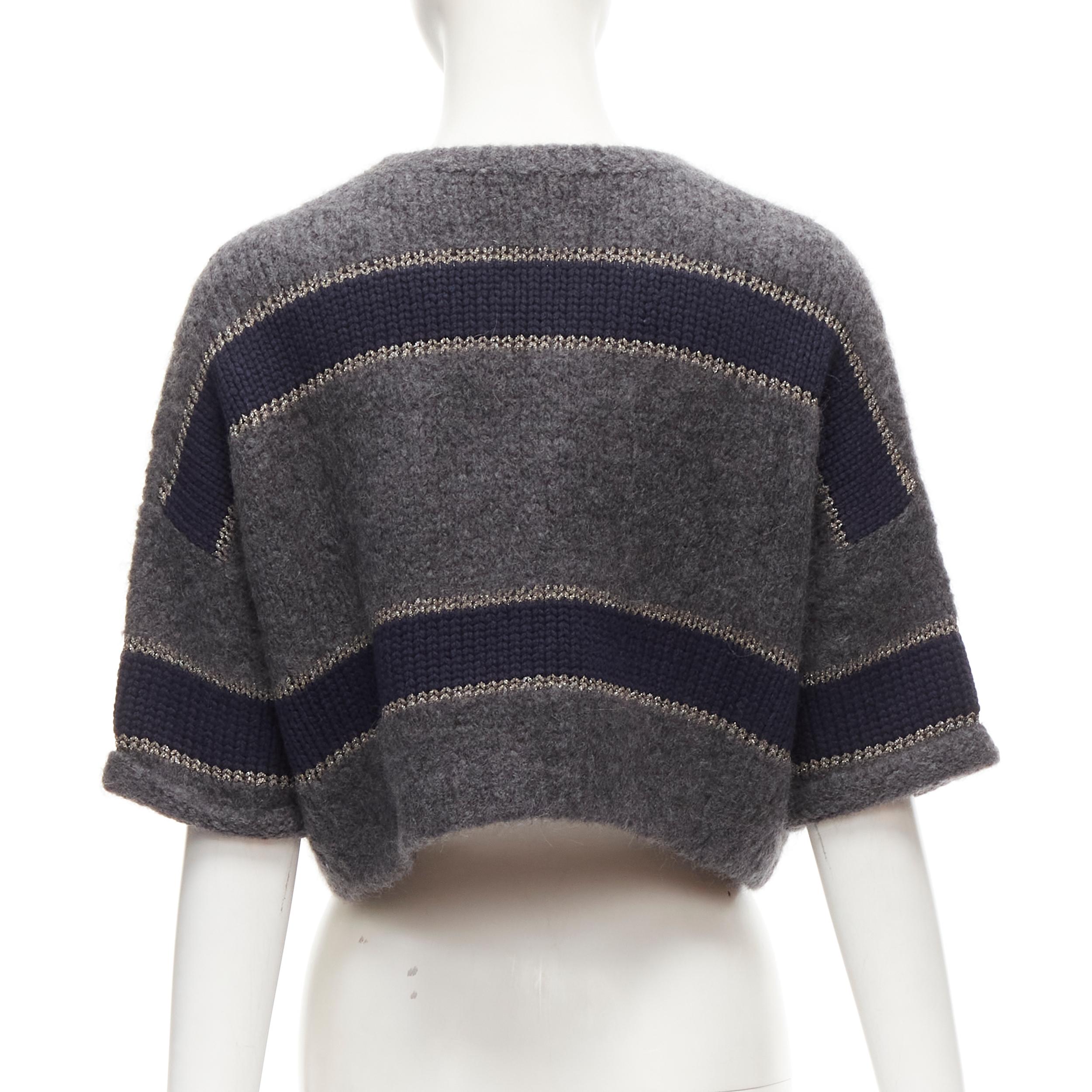 BRUNELLO CUCINELLI alpaca virgin wool navy metallic stripe cropped sweater XS 1