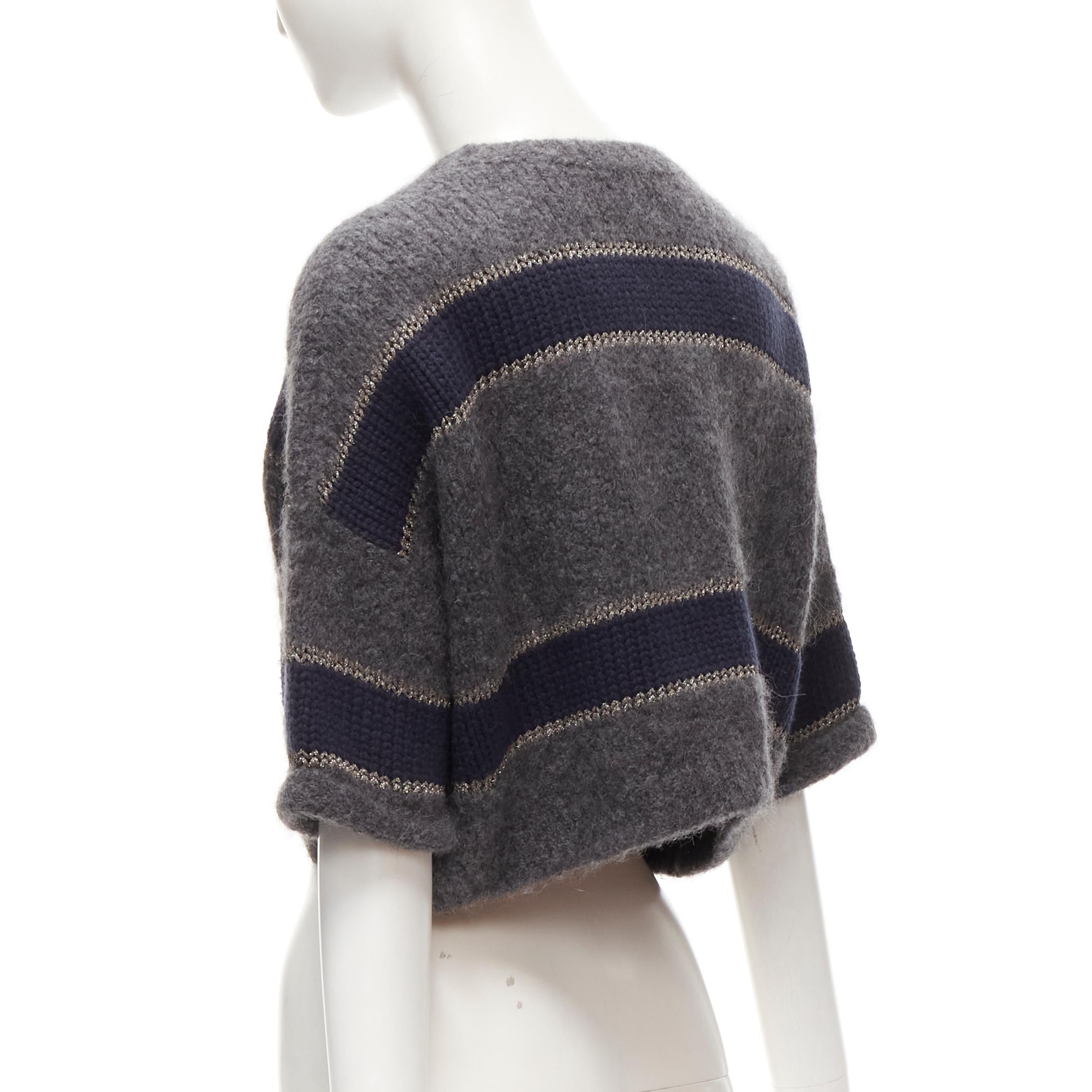 BRUNELLO CUCINELLI alpaca virgin wool navy metallic stripe cropped sweater XS 2