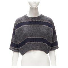 BRUNELLO CUCINELLI alpaca virgin wool navy metallic stripe cropped sweater XS