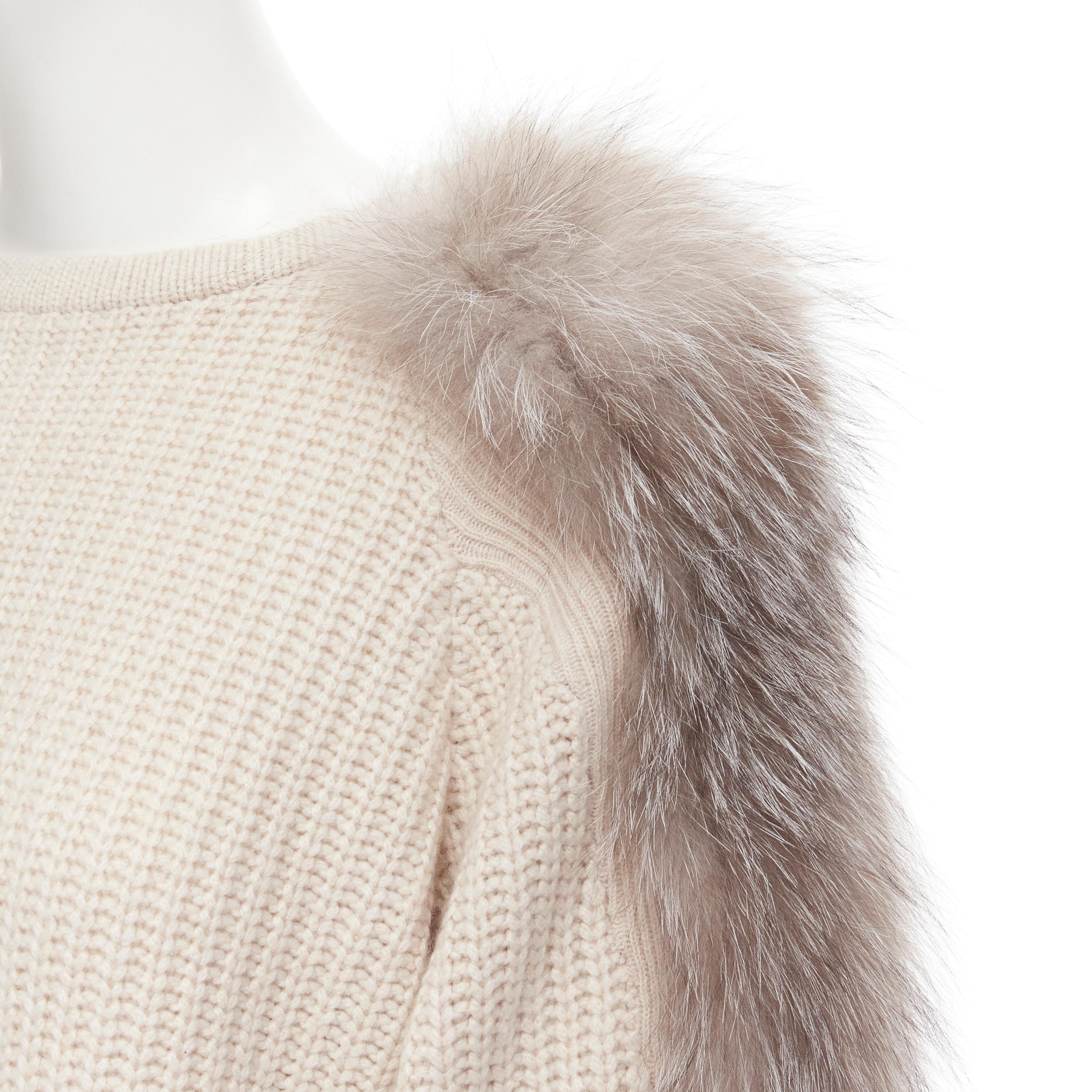 BRUNELLO CUCINELLI beige 100% cashmere grey fox fur sleeve waffle knit pullover sweater M 
Reference: TGAS/B02188 
Brand: Brunello Cucinelli 
Material: 100% Cashmere 
Color: Beige 
Pattern: Solid 
Extra Detail: Genuine fox fur trimming on sleeves.