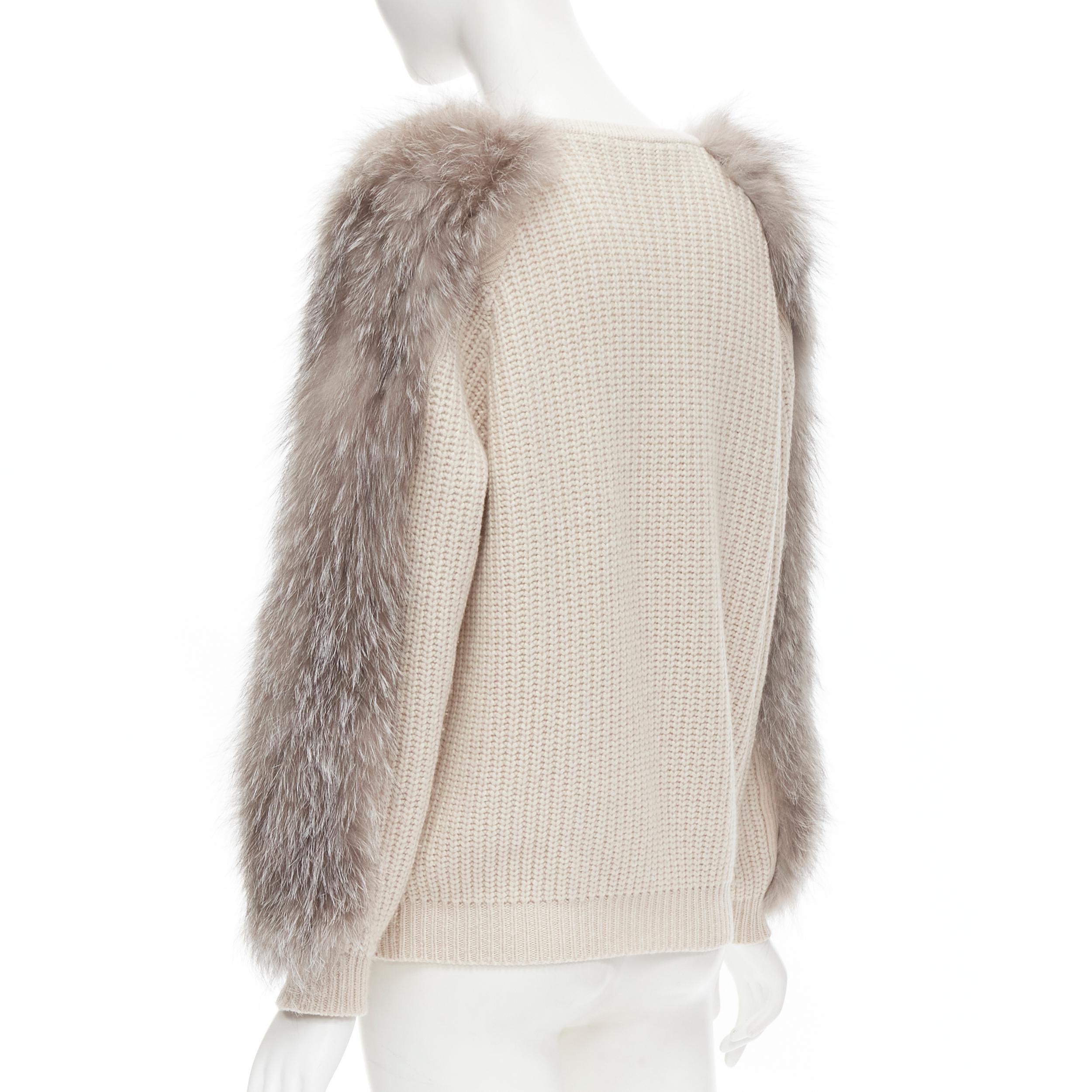 Beige BRUNELLO CUCINELLI beige 100% cashmere grey fox fur sleeve waffle knit pullover  For Sale