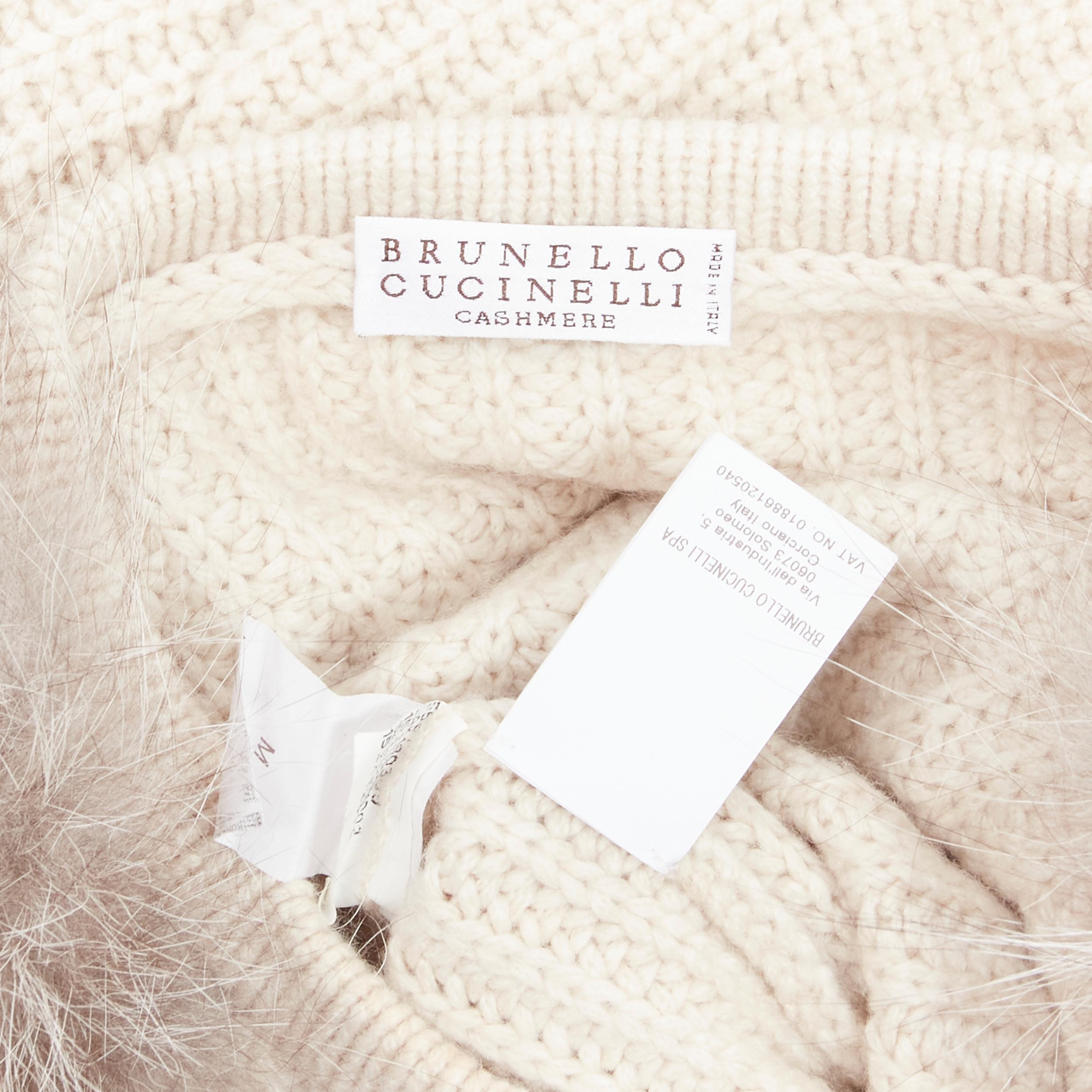 Women's BRUNELLO CUCINELLI beige 100% cashmere grey fox fur sleeve waffle knit pullover  For Sale