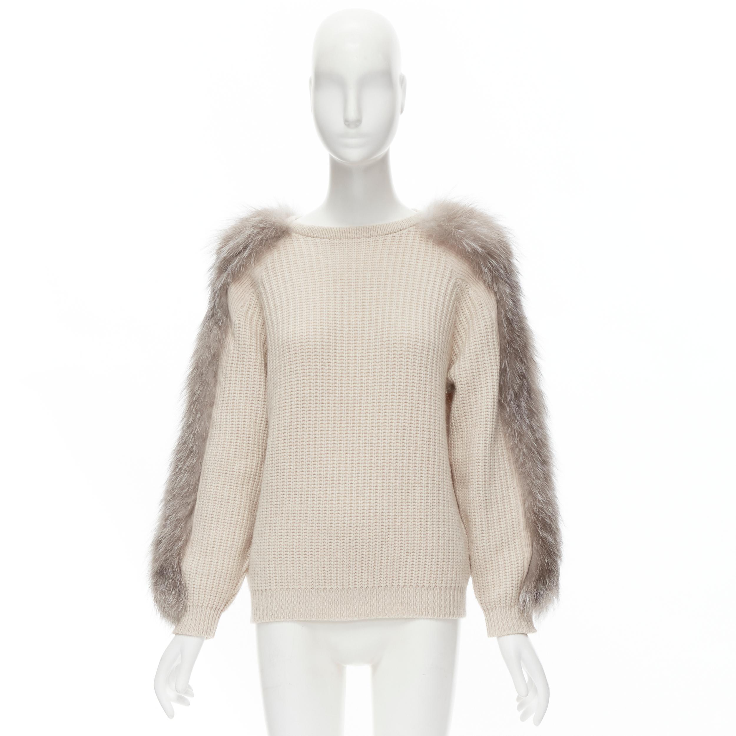 BRUNELLO CUCINELLI beige 100% cashmere grey fox fur sleeve waffle knit pullover  For Sale 1