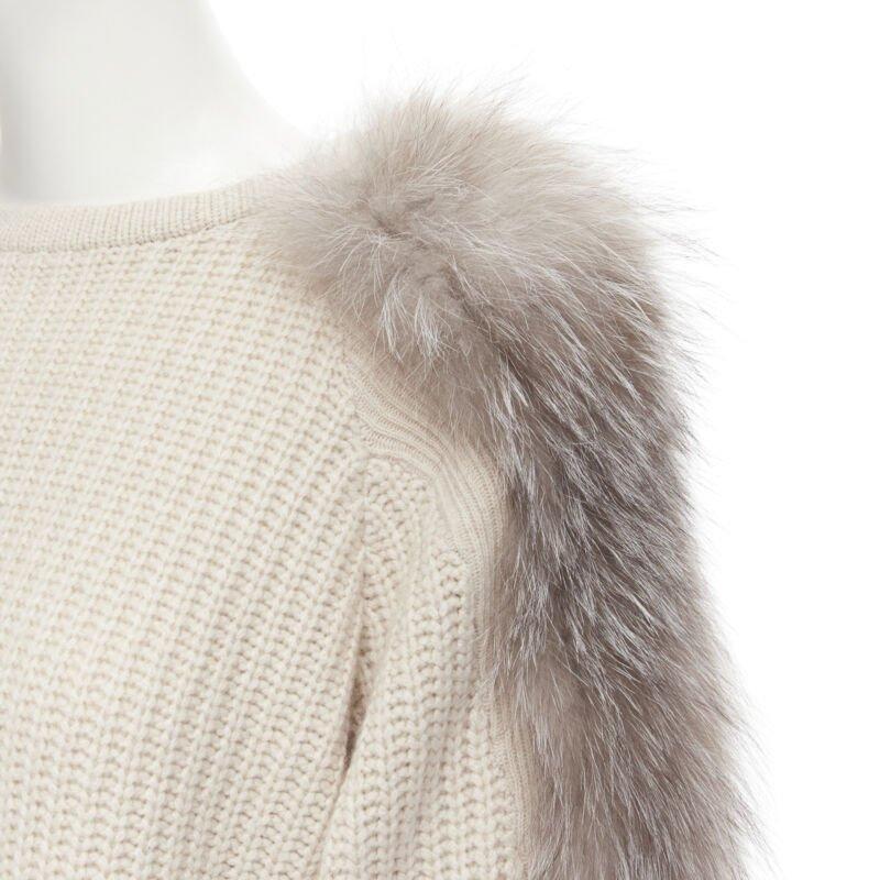 Beige BRUNELLO CUCINELLI beige 100% cashmere grey fox fur sleeve waffle knit sweater M For Sale