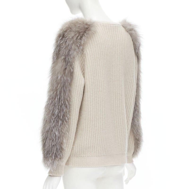 BRUNELLO CUCINELLI beige 100% cashmere grey fox fur sleeve waffle knit sweater M For Sale 1