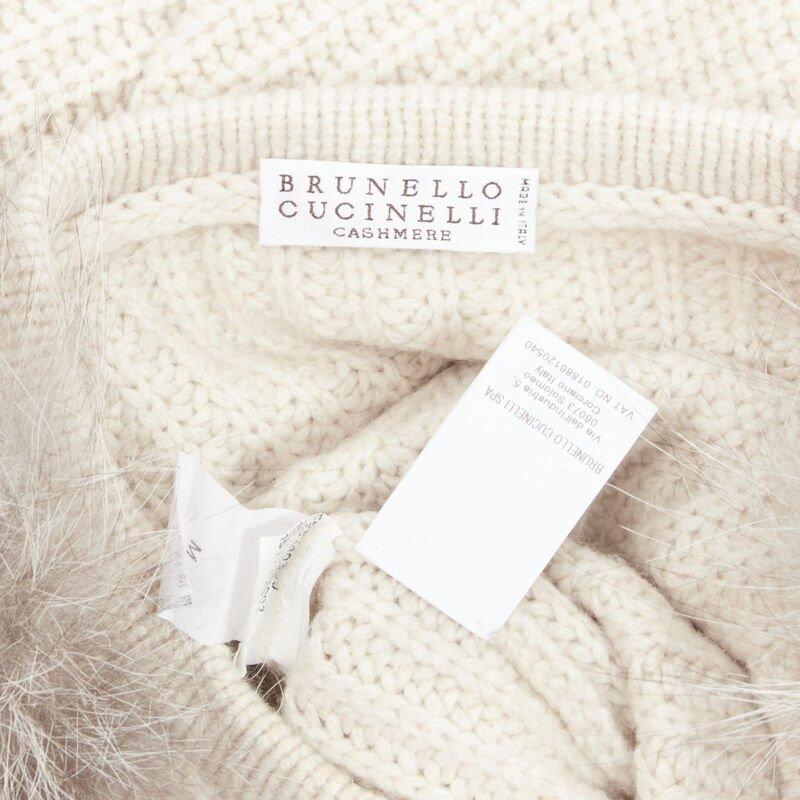 BRUNELLO CUCINELLI beige 100% cashmere grey fox fur sleeve waffle knit sweater M For Sale 3