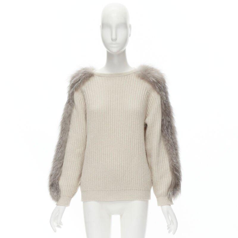 BRUNELLO CUCINELLI beige 100% cashmere grey fox fur sleeve waffle knit sweater M For Sale 4