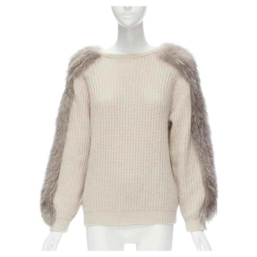 BRUNELLO CUCINELLI beige 100% cashmere grey fox fur sleeve waffle knit sweater M For Sale