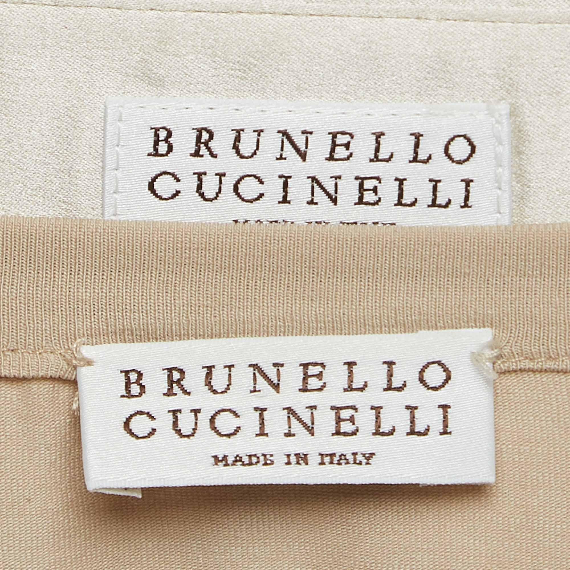 Brunello Cucinelli Beige Argyle Sequined Silk Shirt M For Sale 1