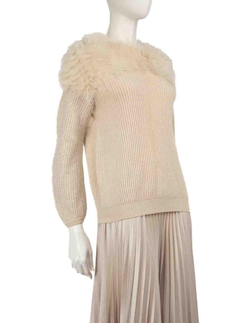 CONDITION is Very good. Hardly any visible wear to knit is evident on this used Brunello Cucinelli designer resale item.
 
 
 
 Details
 
 
 Beige
 
 Cashmere
 
 Long sleeves jumper
 
 Knitted and stretchy
 
 Round neckline
 
 Goat fur trim on