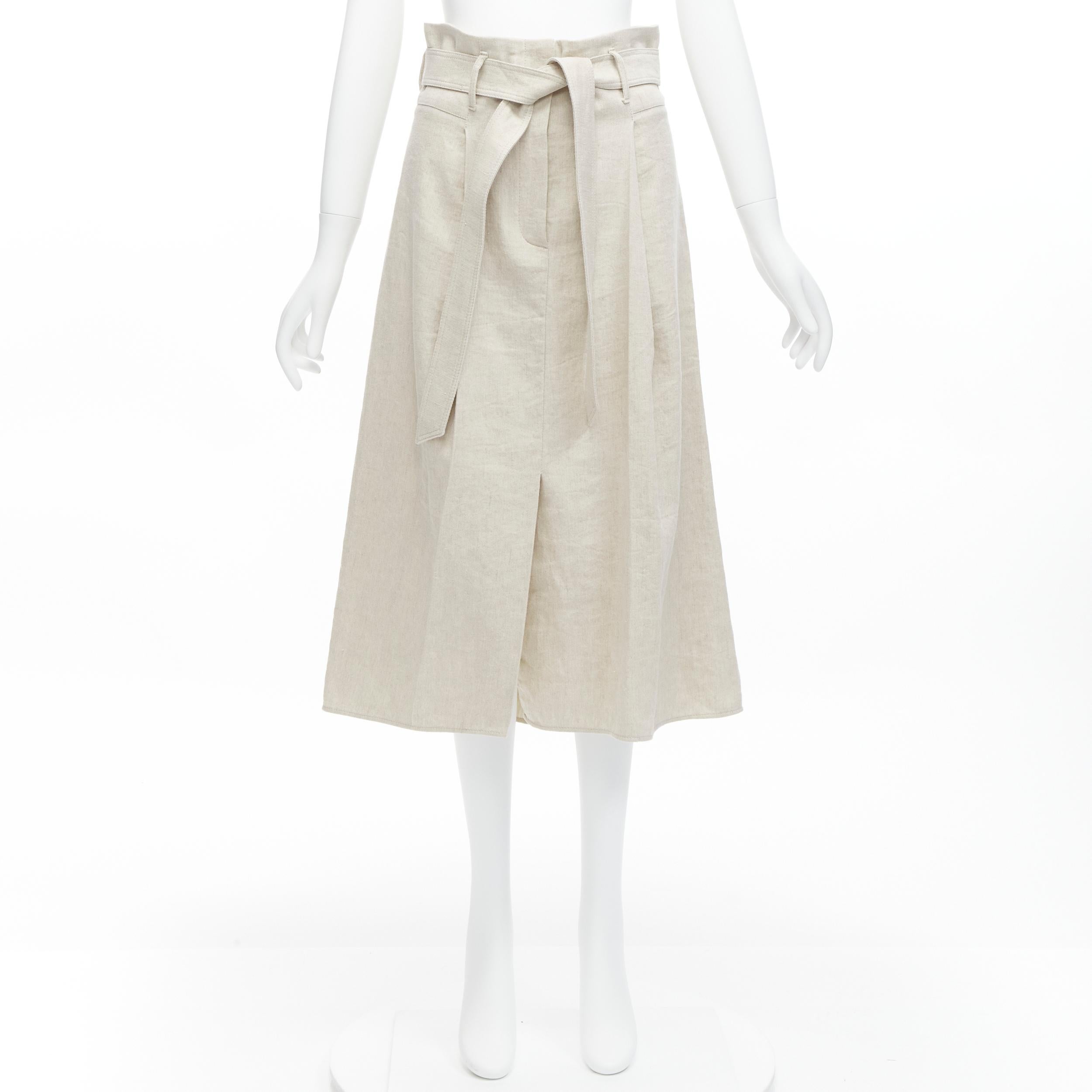 BRUNELLO CUCINELLI beige cotton linen tie belt A-line midi skirt IT40 S For Sale 5