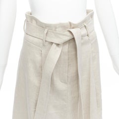 BRUNELLO CUCINELLI beige cotton linen tie belt A-line midi skirt IT40 S