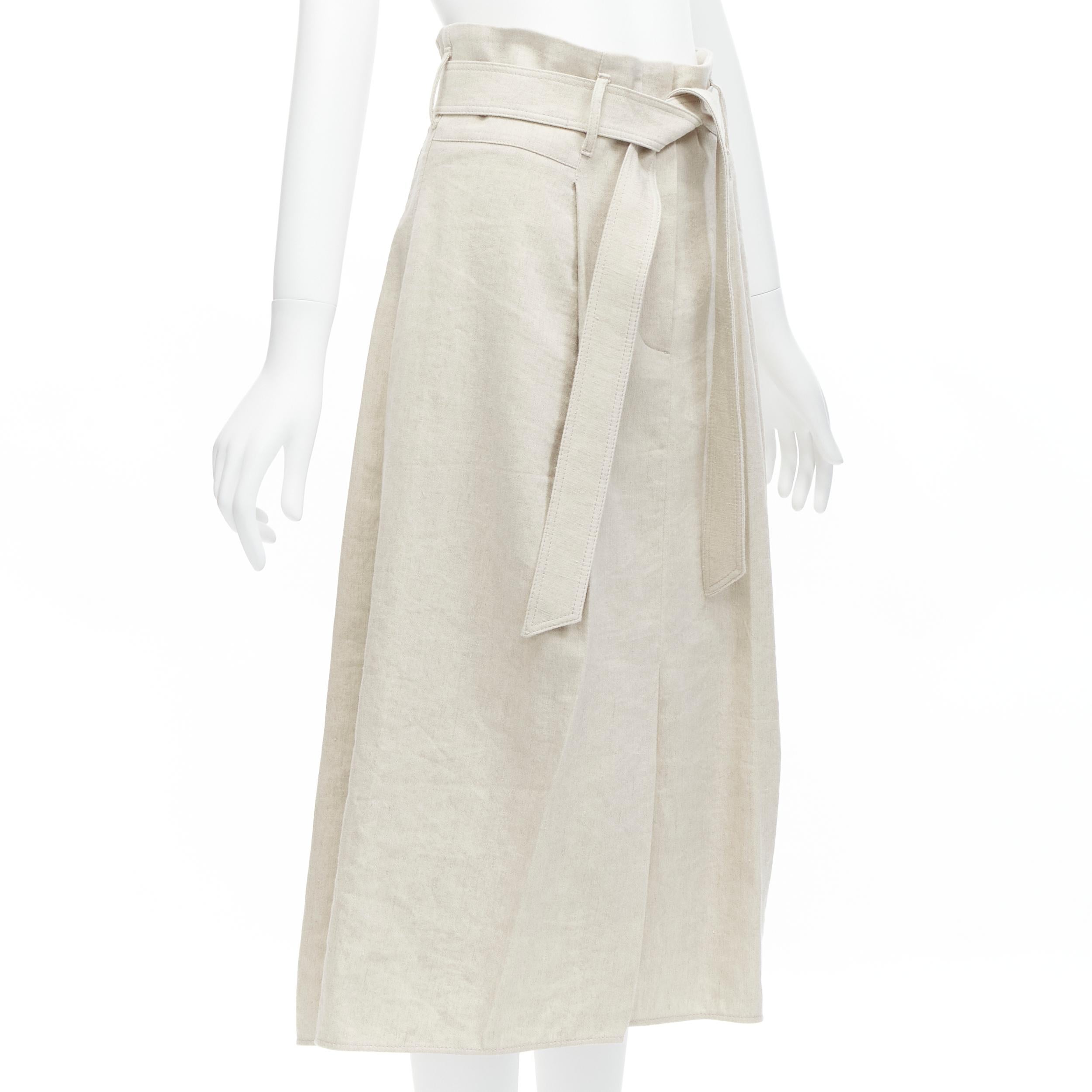 Beige BRUNELLO CUCINELLI beige cotton linen tie belt A-line midi skirt IT40 S For Sale