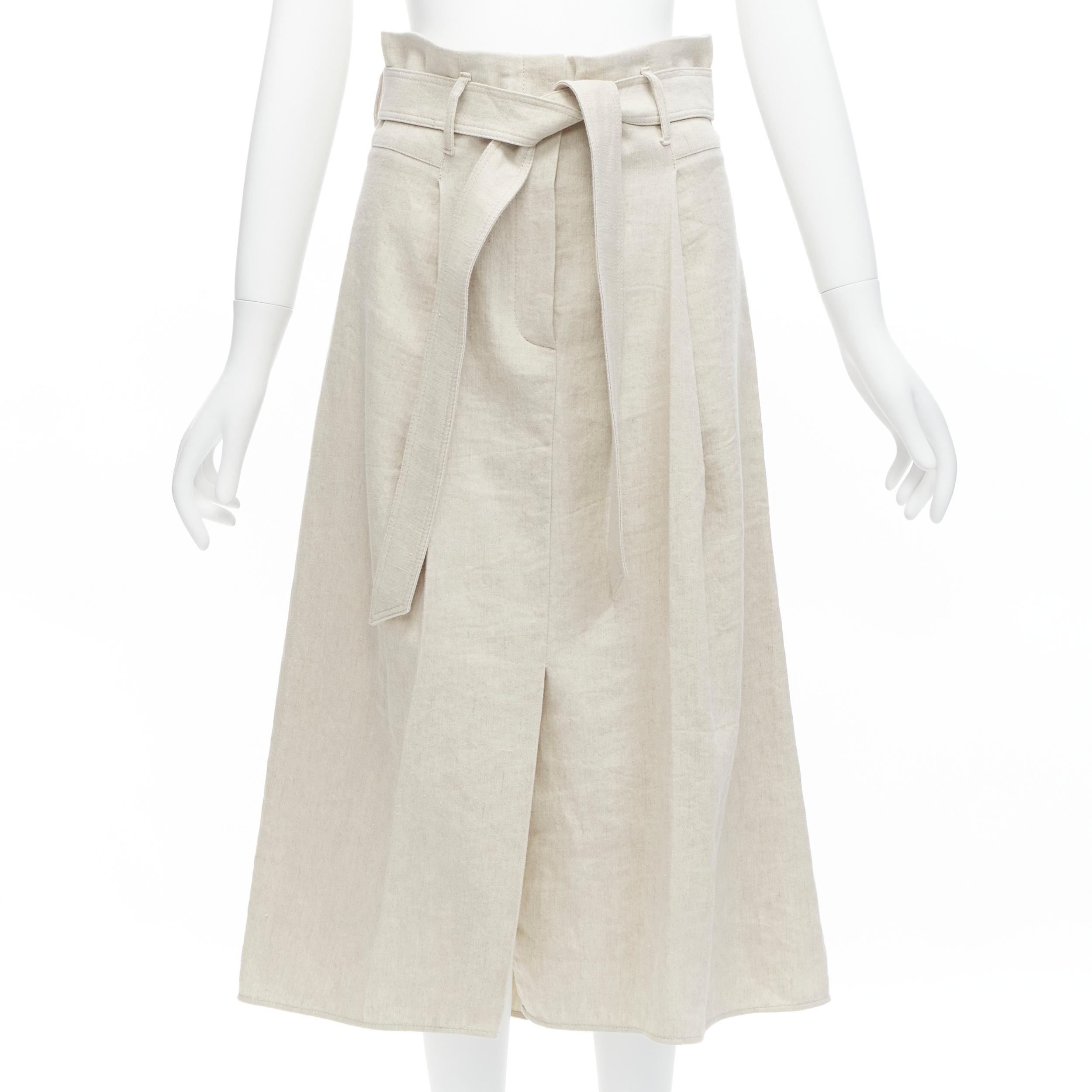 BRUNELLO CUCINELLI beige cotton linen tie belt A-line midi skirt IT40 S For Sale