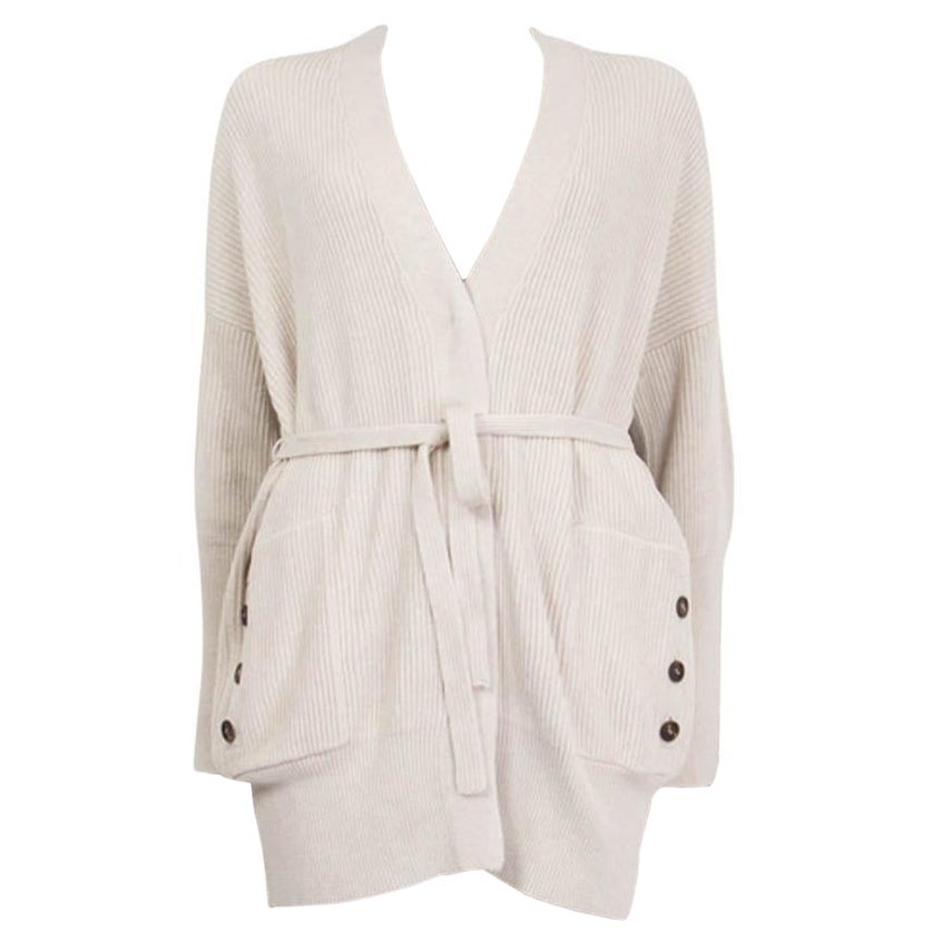 Brunello Cucinelli, in cotone beige, RIB BELTED Cardigan Maglione S