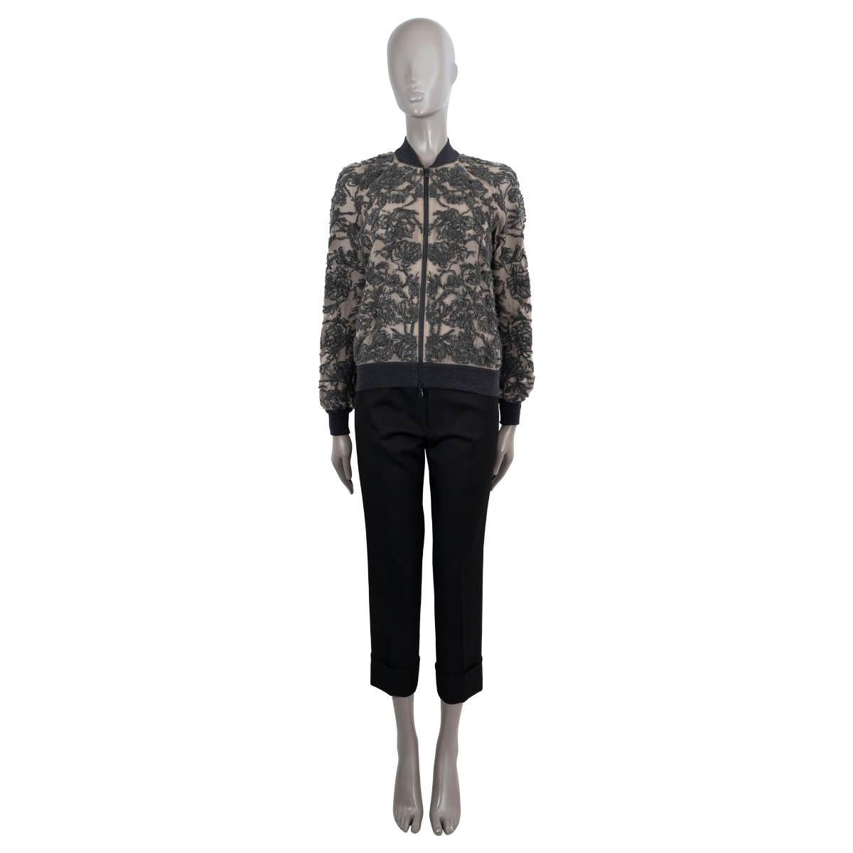 100% authentic Brunello Cucinelli sequin embroidered floral bomber in anthracite and taupe mohair (61%), polyamide (31%) and elastane (6%). Features a rib-knit neck, cuffs and hem. Closes with a zipper. Unlined. Brand new with