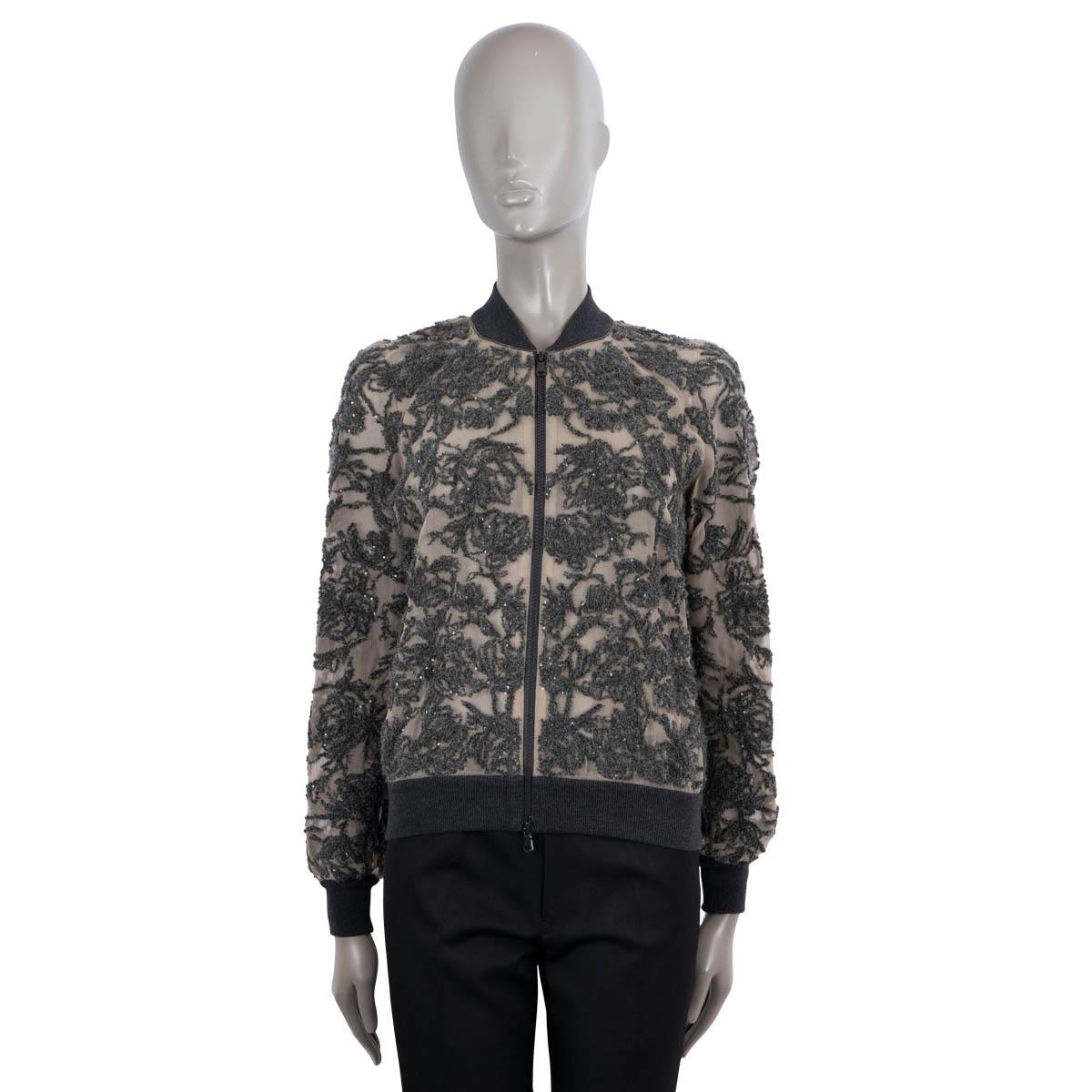 Gray BRUNELLO CUCINELLI beige & grey SEQUIN EMBROIDERED FLORAL BOMBER Jacket XS For Sale