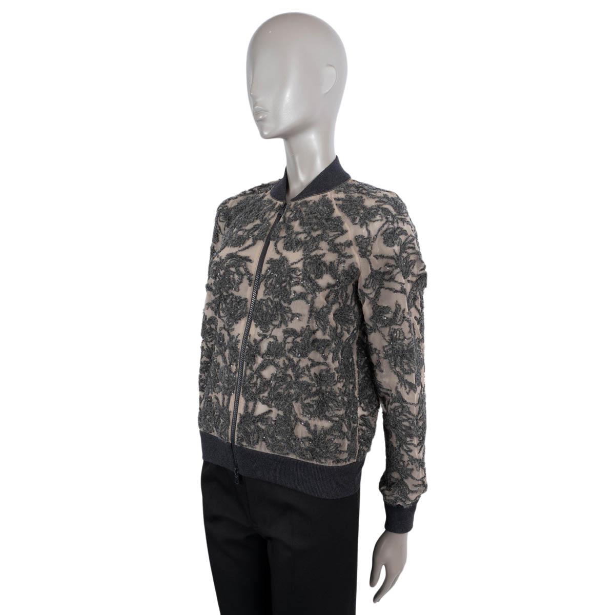 BRUNELLO CUCINELLI beige & grey SEQUIN EMBROIDERED FLORAL BOMBER Jacket XS In New Condition For Sale In Zürich, CH