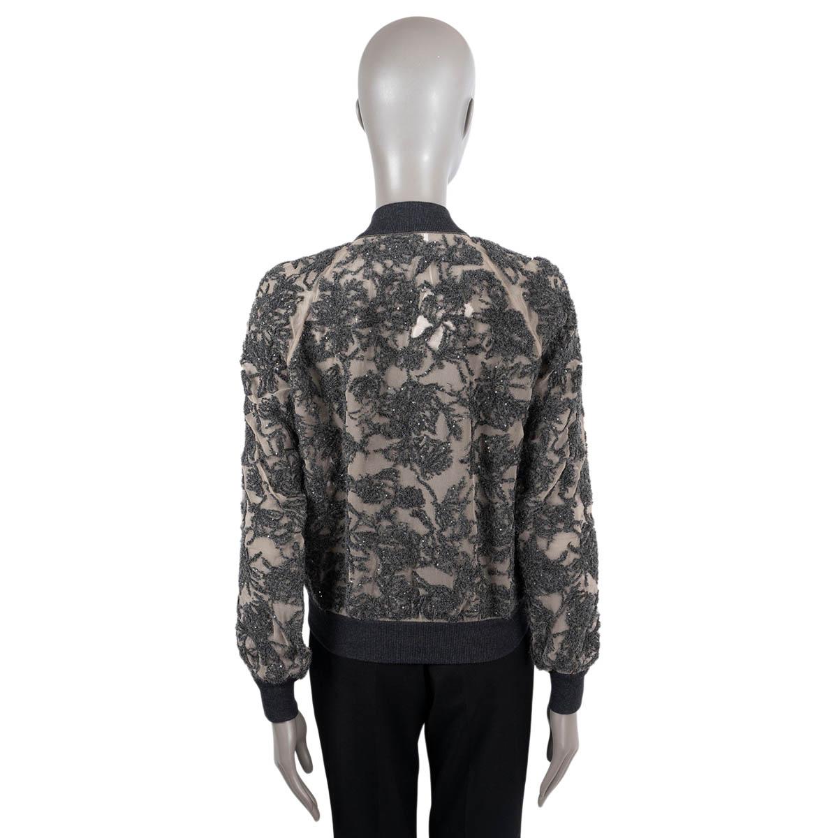 Women's BRUNELLO CUCINELLI beige & grey SEQUIN EMBROIDERED FLORAL BOMBER Jacket XS For Sale