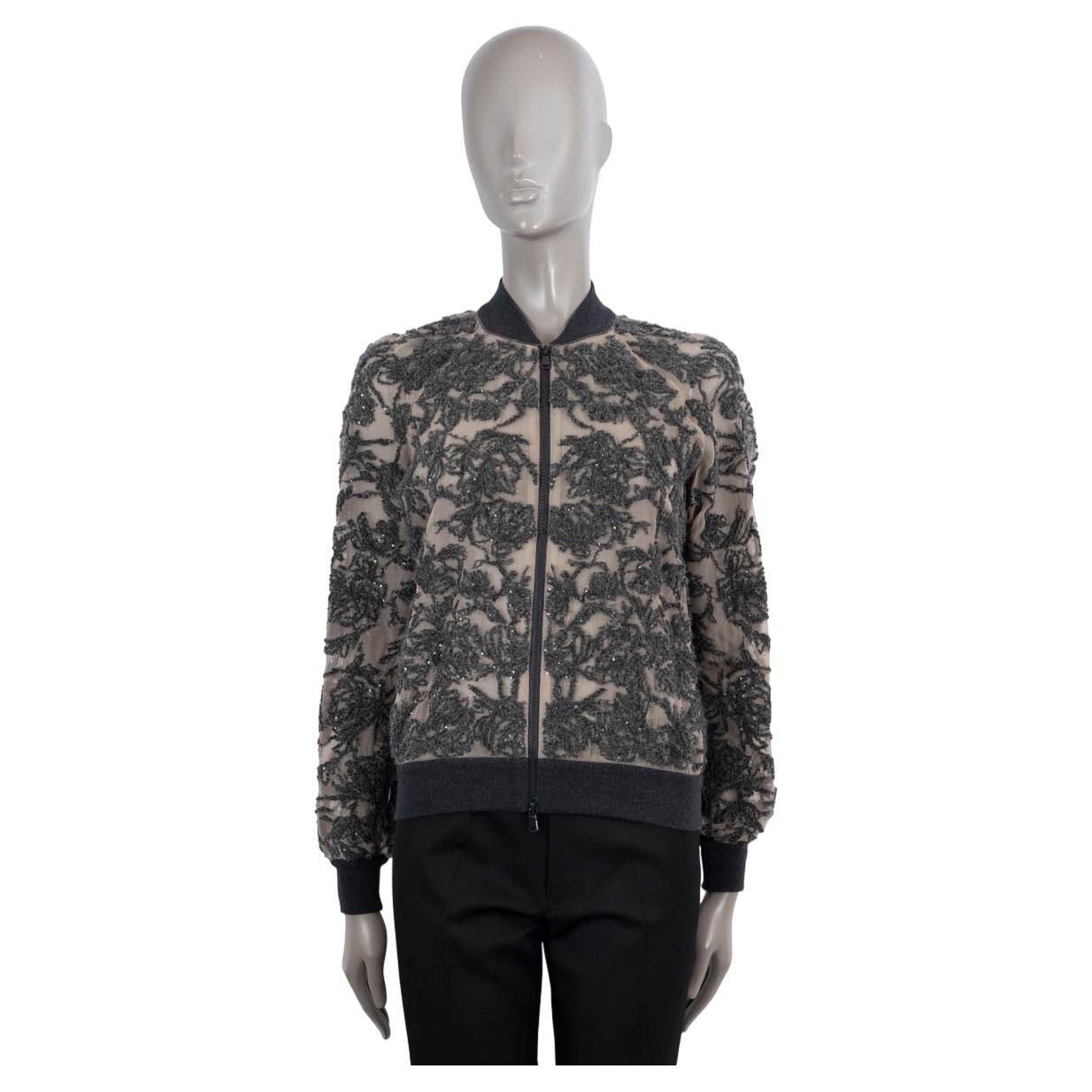 BRUNELLO CUCINELLI beige & grey SEQUIN EMBROIDERED FLORAL BOMBER Jacket XS For Sale