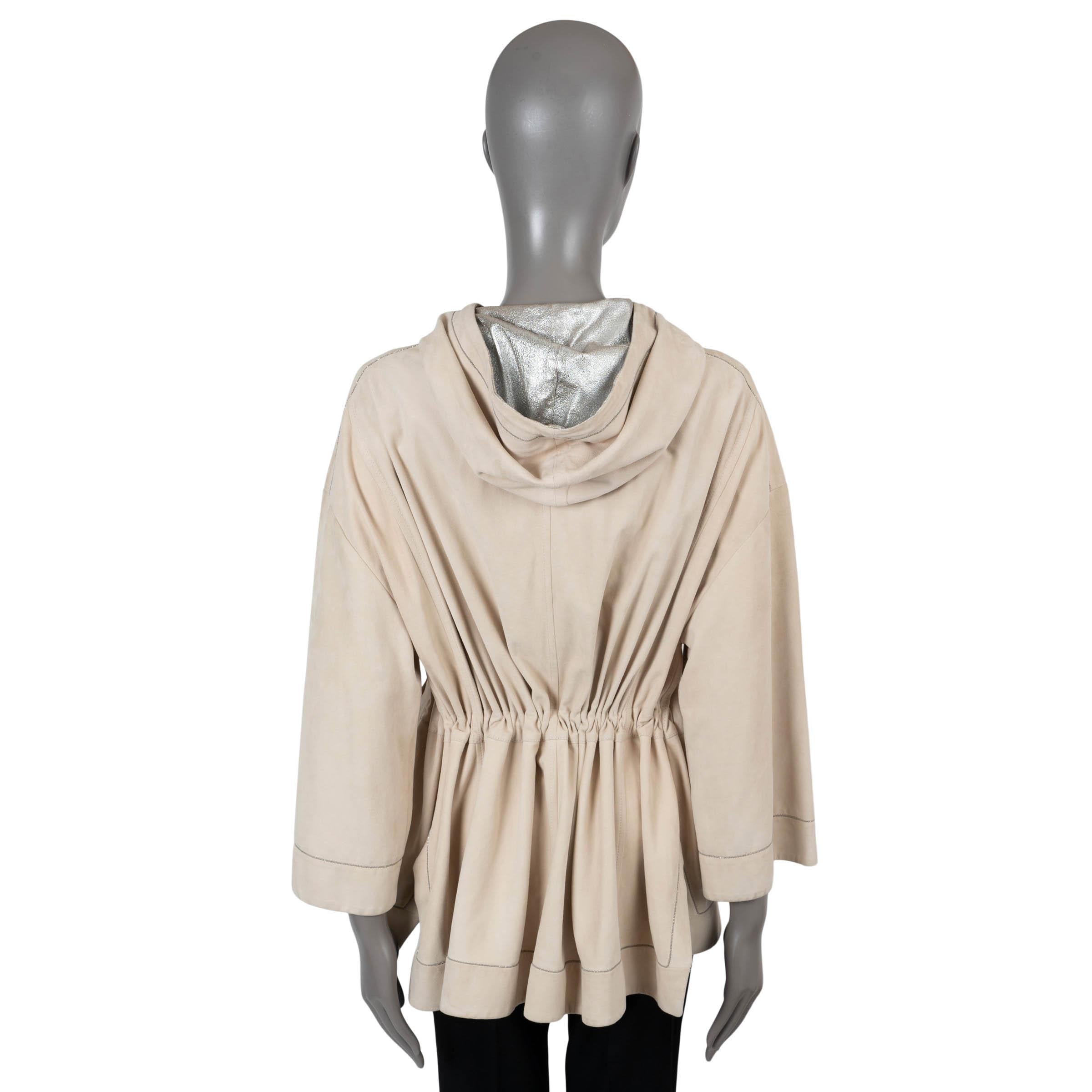 Beige BRUNELLO CUCINELLI beige leather MONILI TRIM HOODED Jacket 44 L For Sale