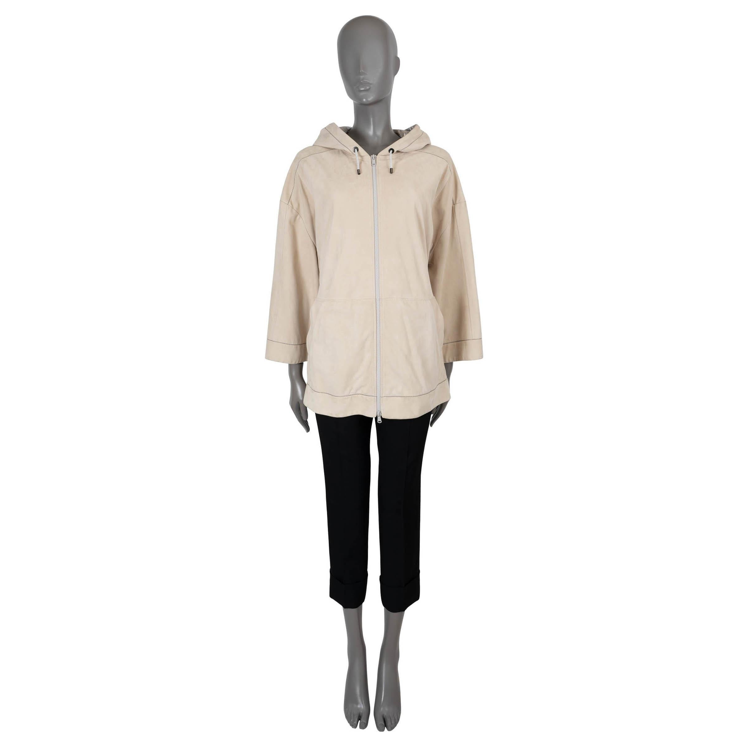 BRUNELLO CUCINELLI beige leather MONILI TRIM HOODED Jacket 44 L In Excellent Condition For Sale In Zürich, CH