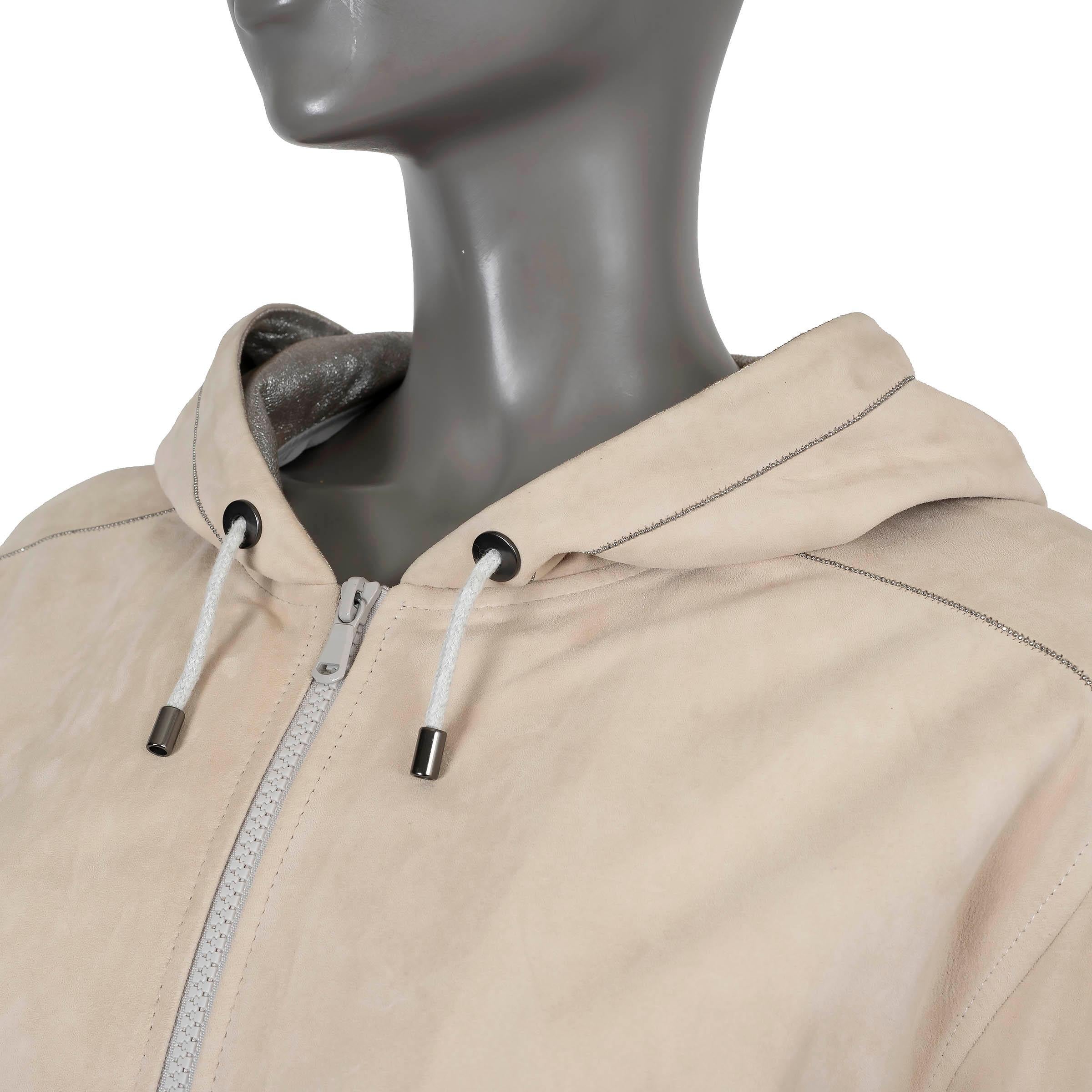 Women's BRUNELLO CUCINELLI beige leather MONILI TRIM HOODED Jacket 44 L For Sale