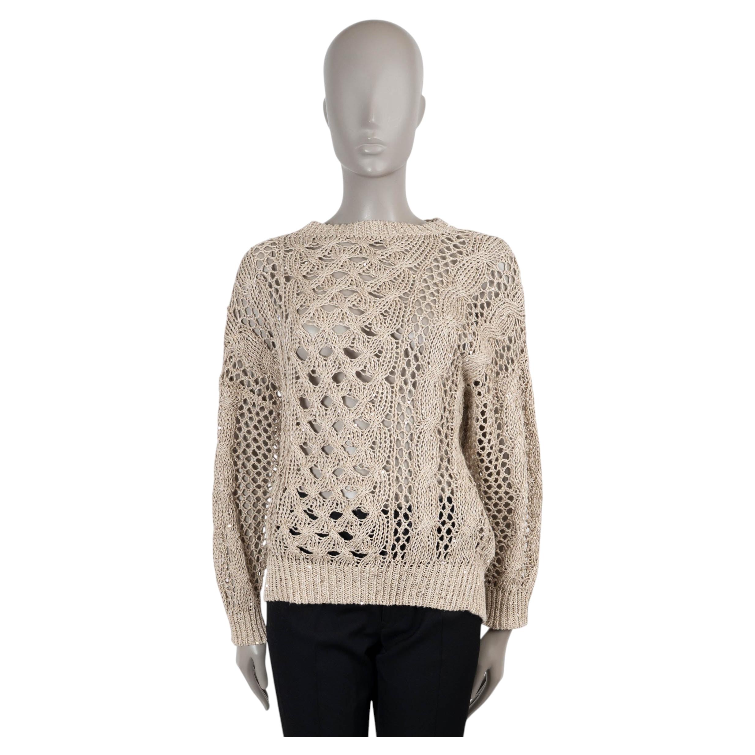 BRUNELLO CUCINELLI beige linen 2021 MICRO SEQUIN OPEN KNIT Sweater S