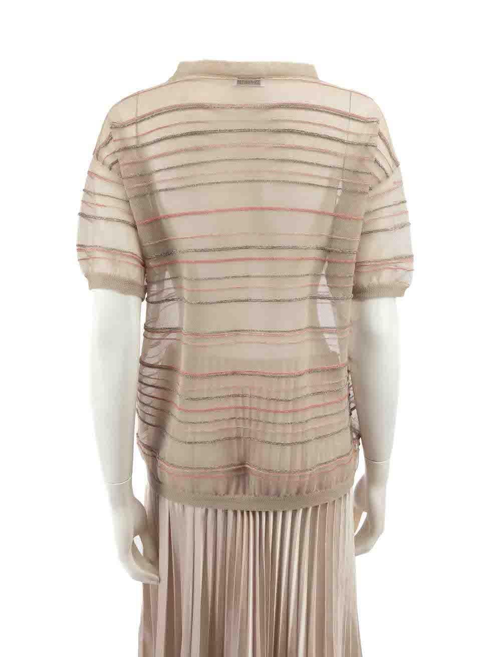 Brunello Cucinelli Beige Mesh Striped Metallic Top Size S In Excellent Condition For Sale In London, GB