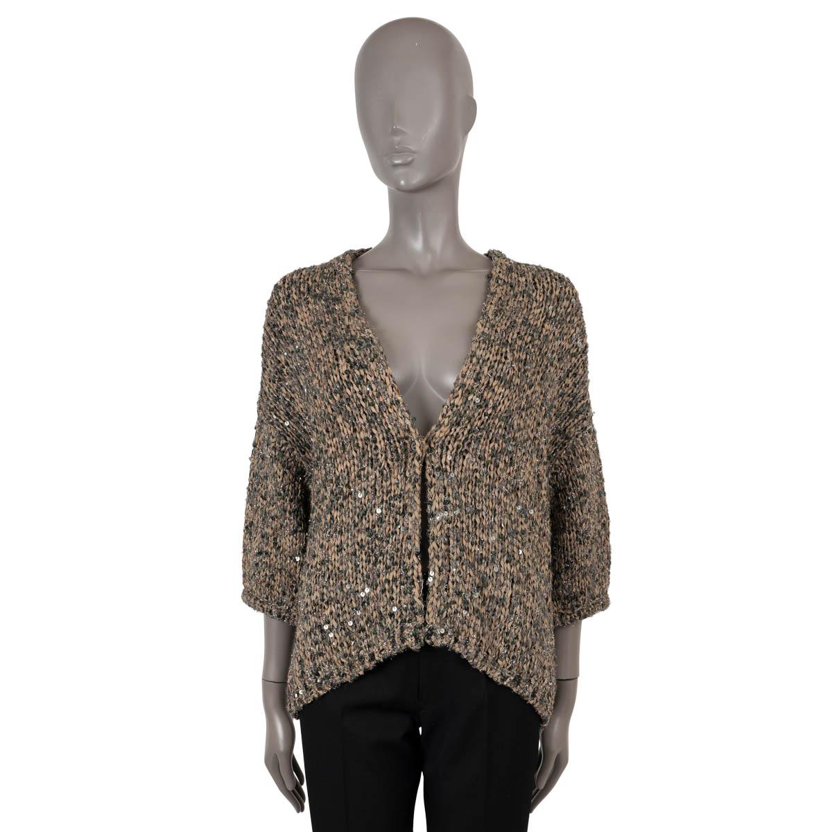 Women's BRUNELLO CUCINELLI beige olive SEQUIN CHUNKY KNIT Cardigan Sweater M For Sale