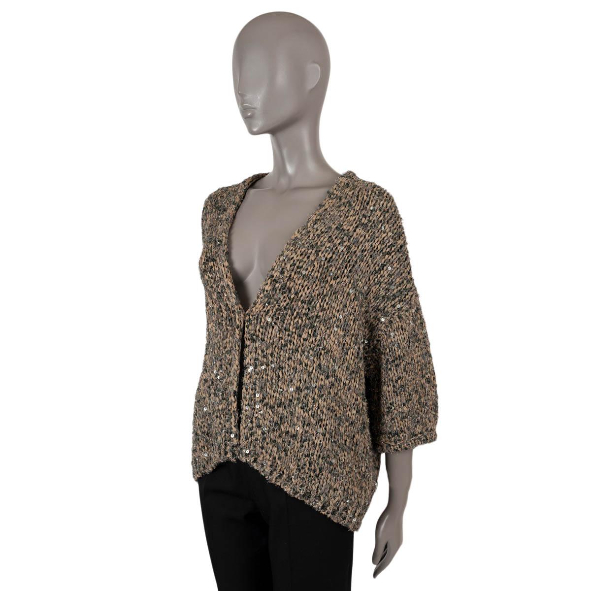 BRUNELLO CUCINELLI beige olive SEQUIN CHUNKY KNIT Cardigan Sweater M For Sale 1