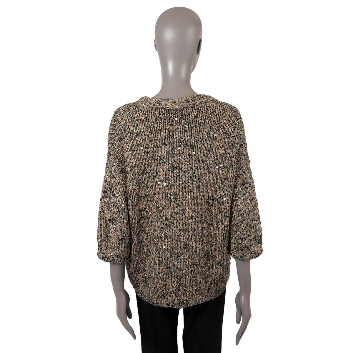 BRUNELLO CUCINELLI beige olive SEQUIN CHUNKY KNIT Cardigan Sweater M For Sale 2