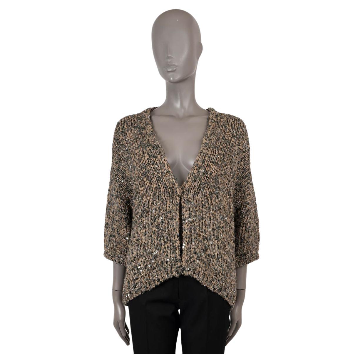 BRUNELLO CUCINELLI beige olive SEQUIN CHUNKY KNIT Cardigan Sweater M For Sale
