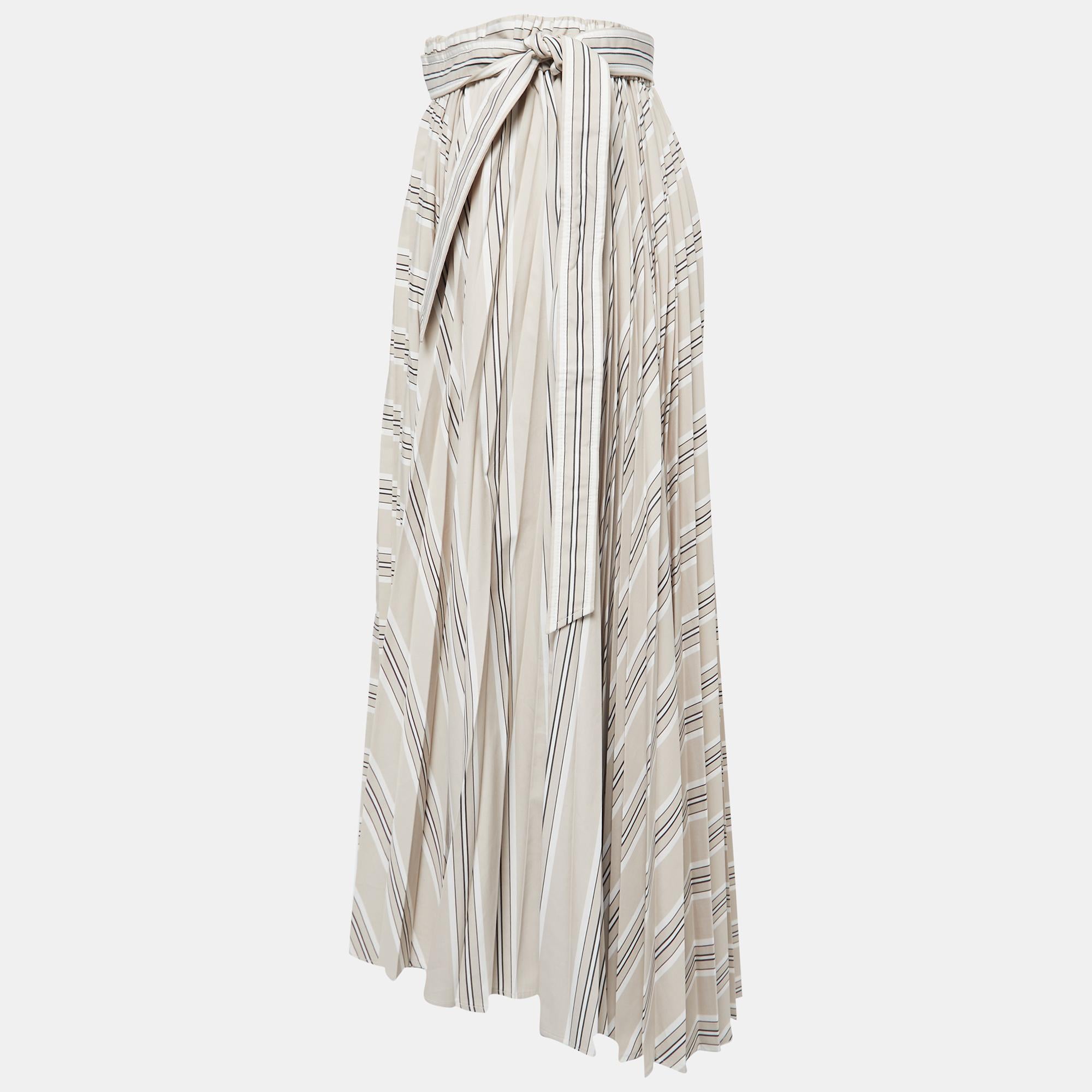 Brunello Cucinelli Beige Stripe Print Cotton Blend Pleated Midi Skirt M In New Condition In Dubai, Al Qouz 2