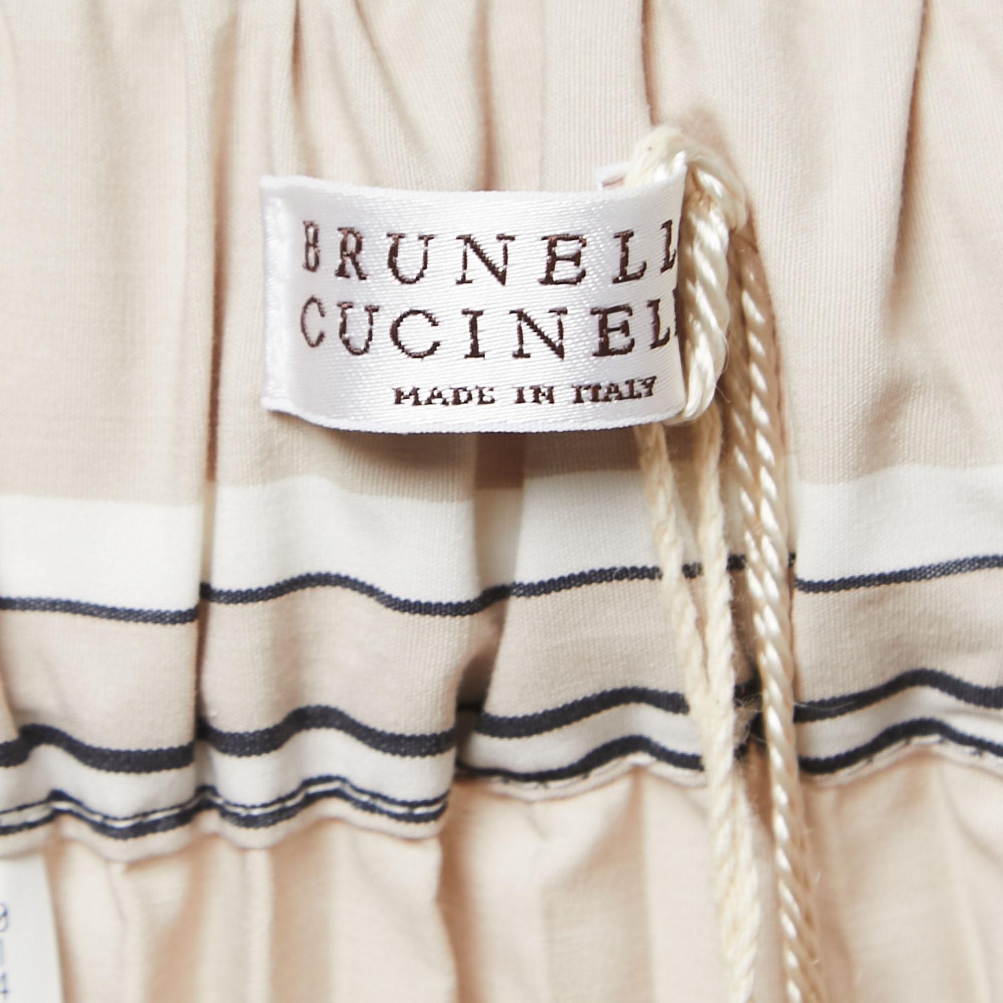 Brunello Cucinelli Beige Stripe Print Cotton Blend Pleated Midi Skirt M 1