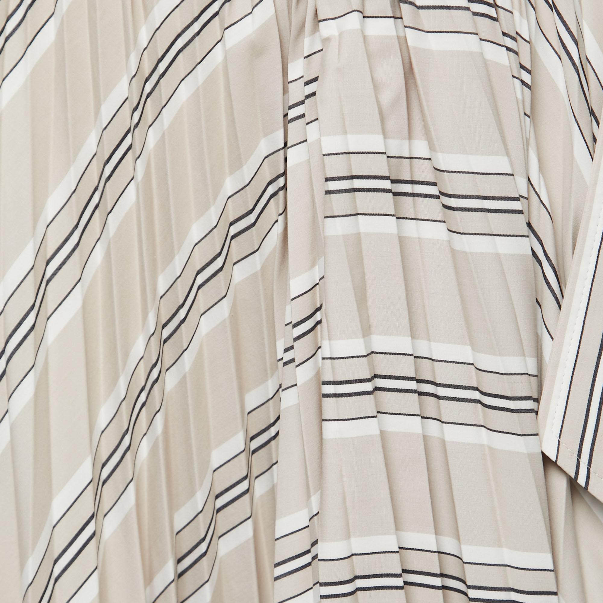 Brunello Cucinelli Beige Stripe Print Cotton Blend Pleated Midi Skirt M 2