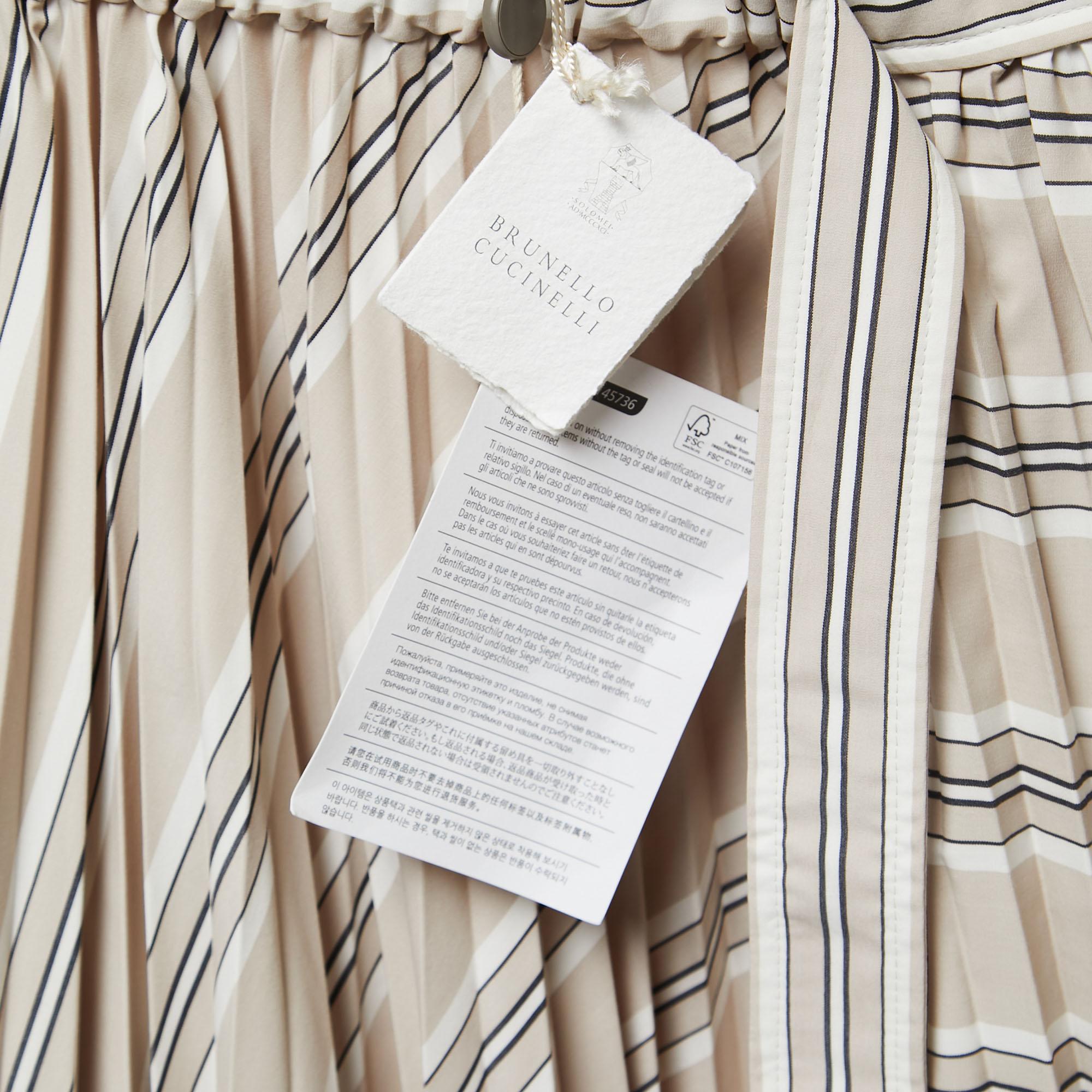 Brunello Cucinelli Beige Stripe Print Cotton Blend Pleated Midi Skirt M 4