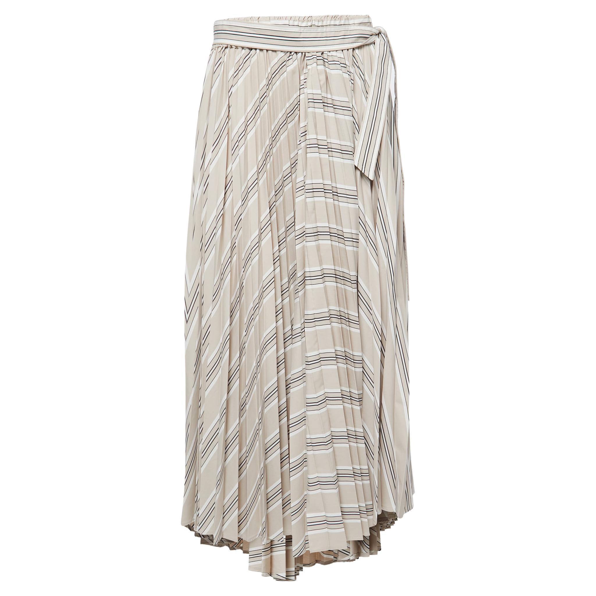 Brunello Cucinelli Beige Stripe Print Cotton Blend Pleated Midi Skirt M