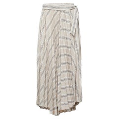 Brunello Cucinelli Beige Stripe Print Cotton Blend Pleated Midi Skirt M