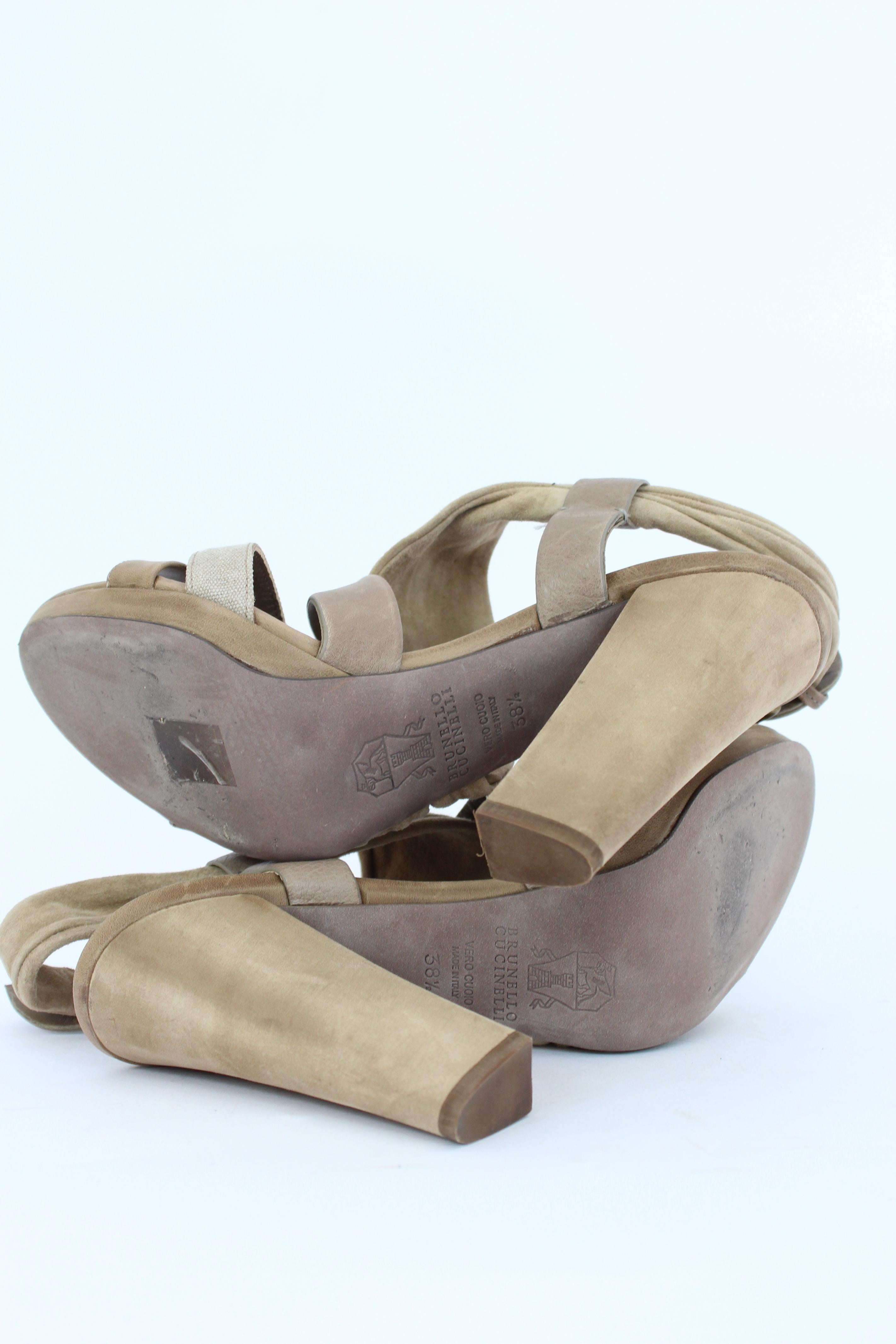 Women's Brunello Cucinelli Beige Suede Leather Sandals Heels Shoes For Sale